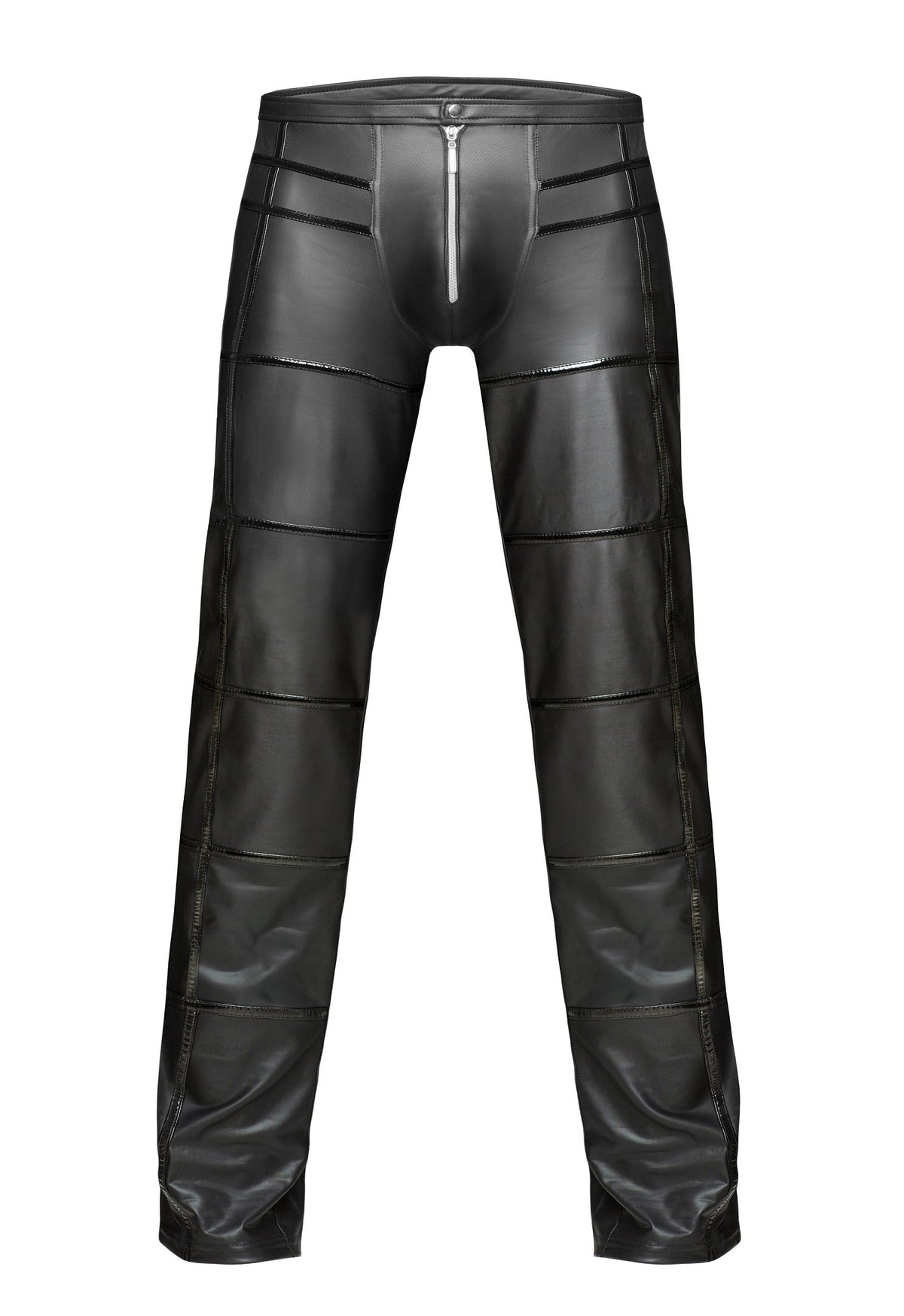 Men’s black long pants with front zipper, flat front view.