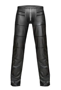 Men’s black long pants with front zipper, flat front view.