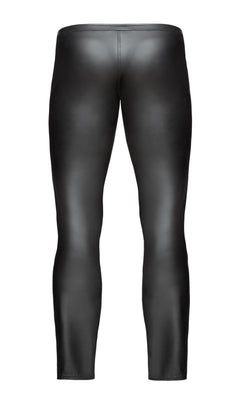 Men’s black fitted long pants, flat rear view.