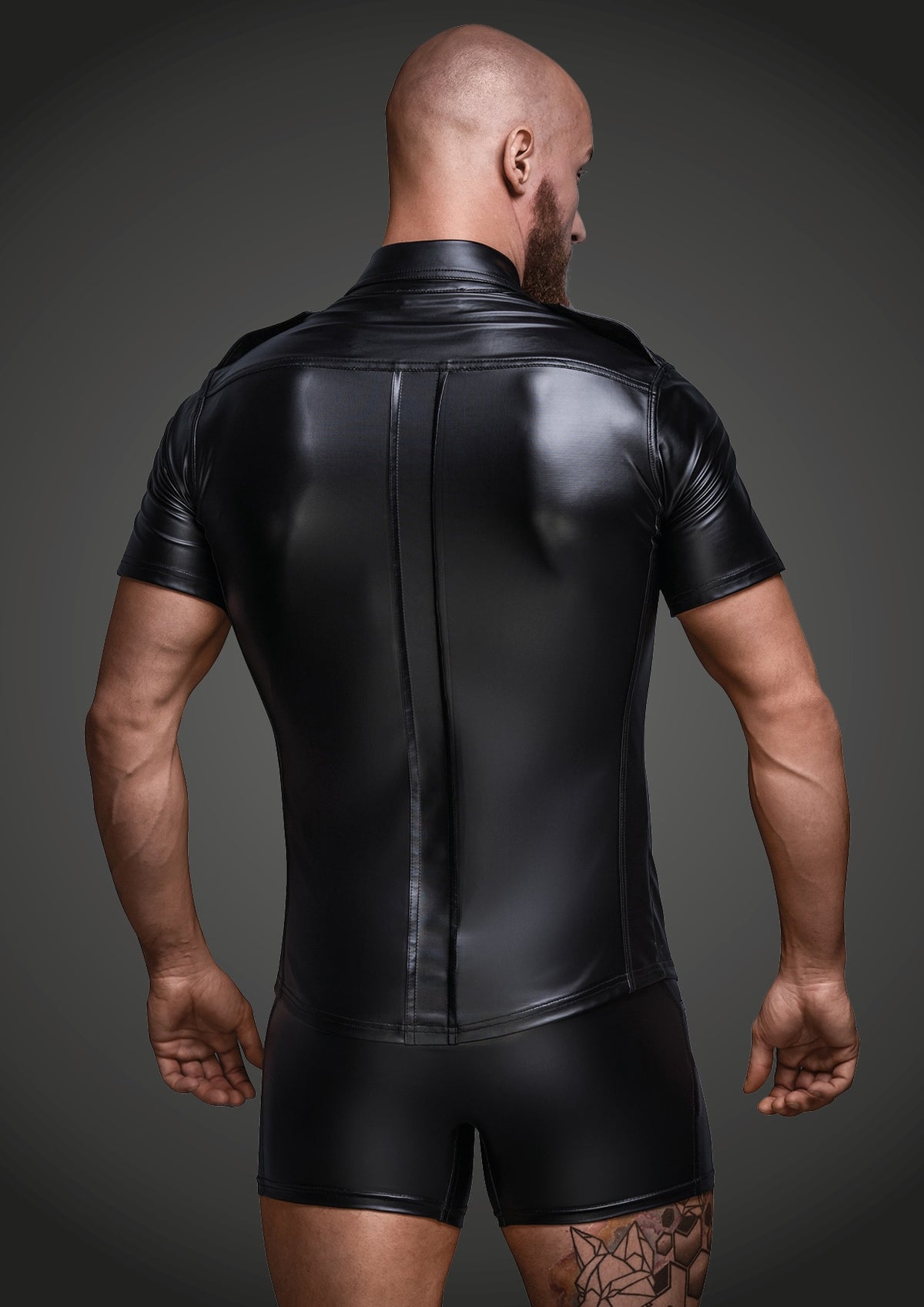 Men’s black short-sleeved collared shirt, rear view.