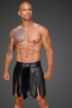 Men’s black eco-leather gladiator skirt with PVC pleats, front view.