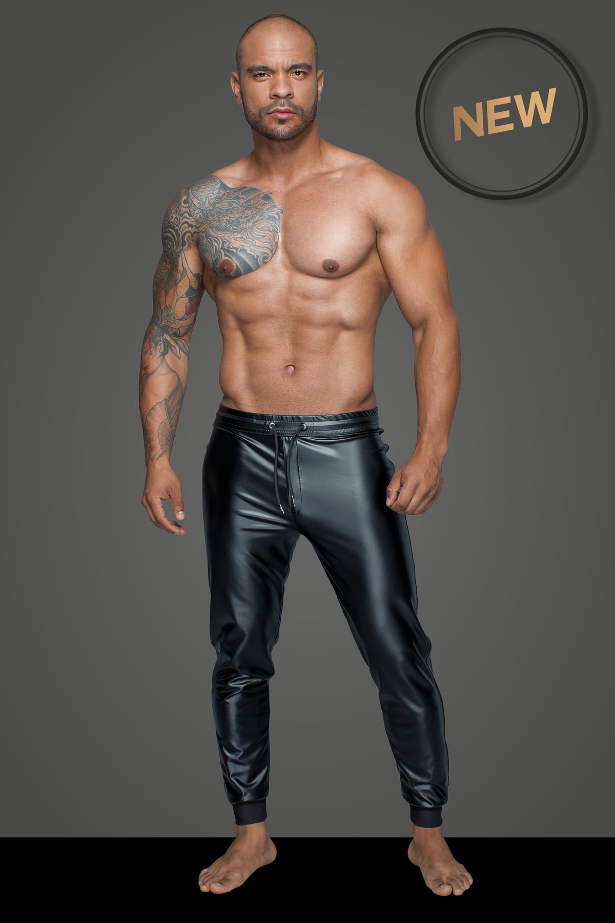 Men’s black wetlook treggings with front zipper, full-length front view.