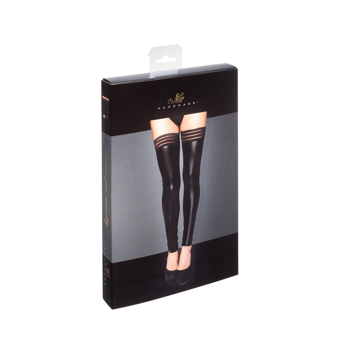 Packaging for black wetlook stockings with striped elastic tops.