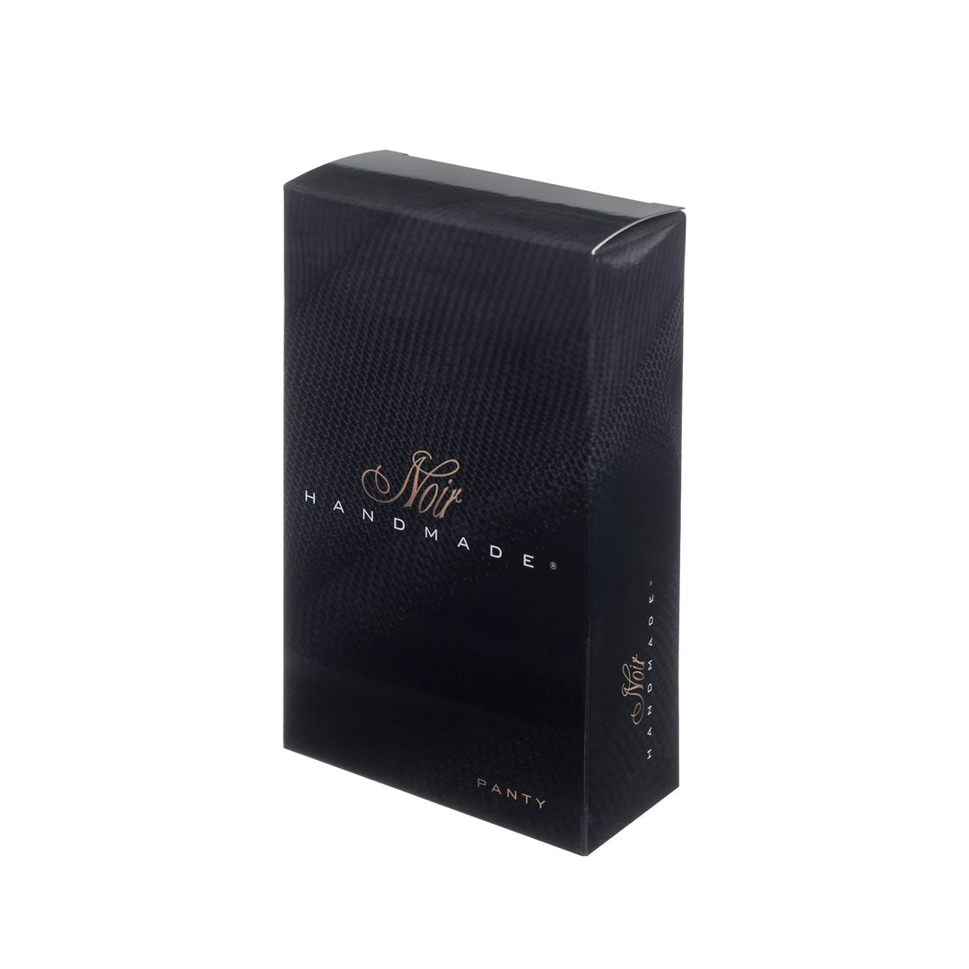 Package of the black lace panties, featuring the brand logo and design details.